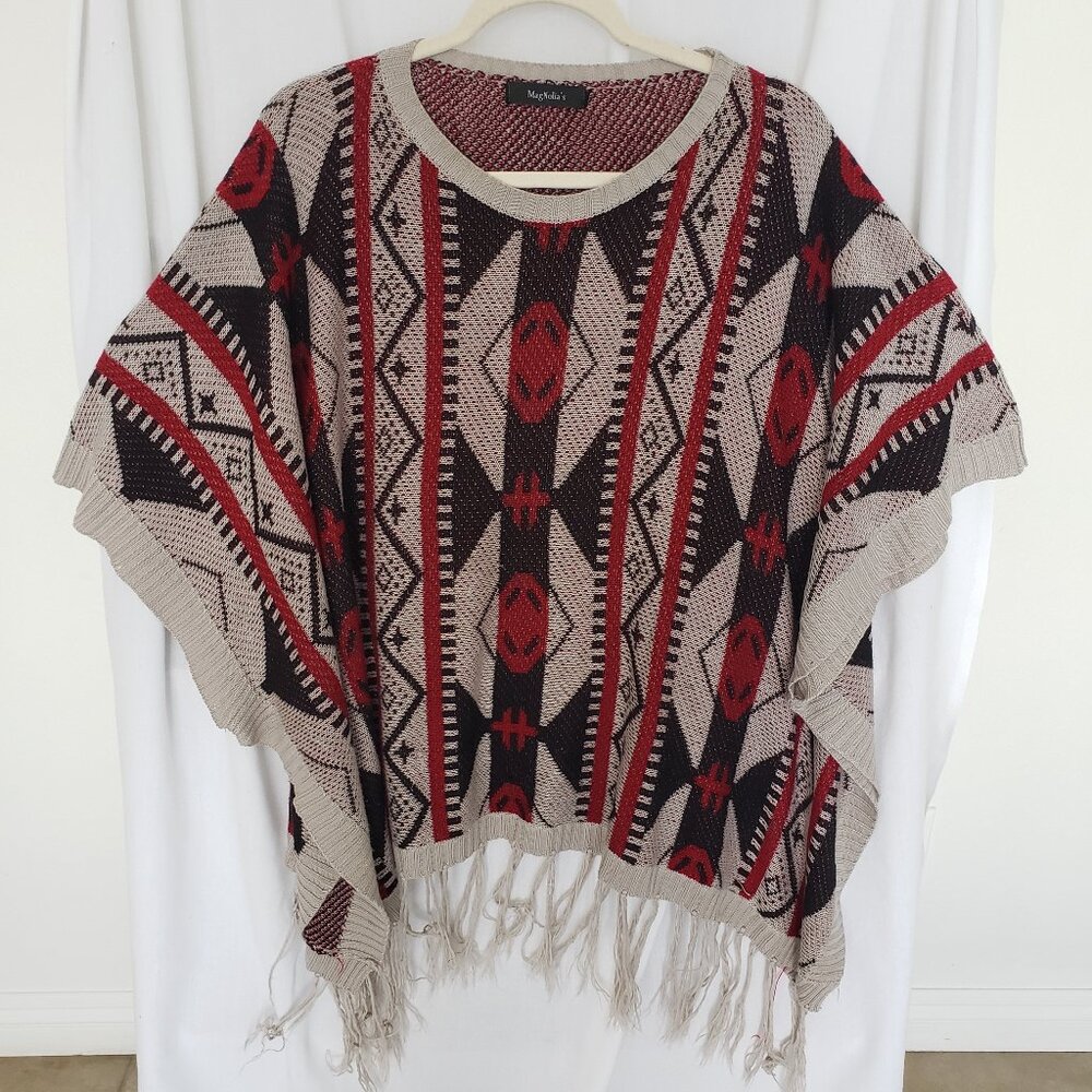 Woman Magnolia's Multicolor Geometric Pattern Scoop Neck Poncho Sweater Size M/L